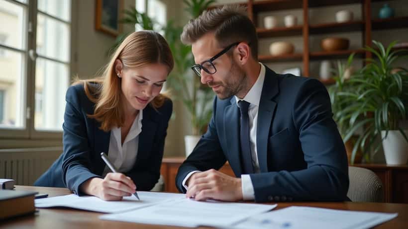 Un particulier et un conseiller en gestion de patrimoine analysent des documents immobiliers dans un bureau parisien