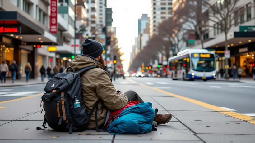 Person holding a handwritten sign saying they are homeless, illustrating the housing crisis