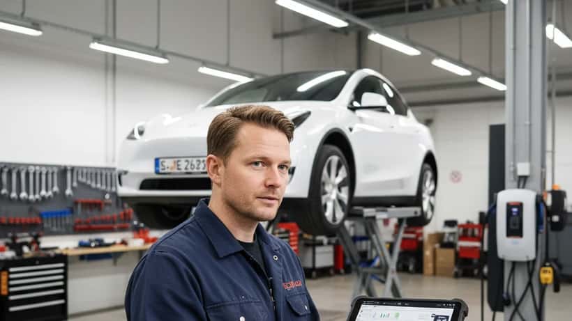 Dansk mekaniker i blå overall bruger diagnostiktablet ved Tesla Model Y på lift i Københavns autoværksted