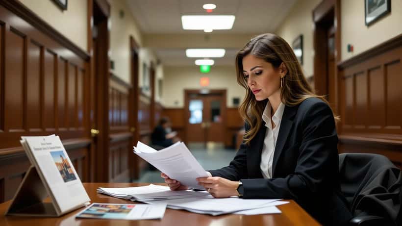 Criminal defence lawyer reviewing case files in a Canadian courthouse hallway