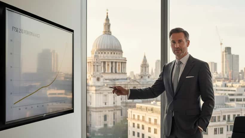 UK wealth manager explaining FTSE 250 four-year high performance chart in City of London office