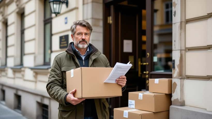 Österreichischer Konsument prüft Lieferschein mit Paketsteuer-Aufschlag an Wiener Wohnungstür