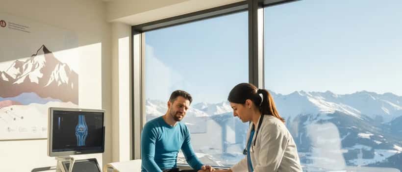 Medico sportivo che esamina il ginocchio di uno sciatore in una clinica di montagna