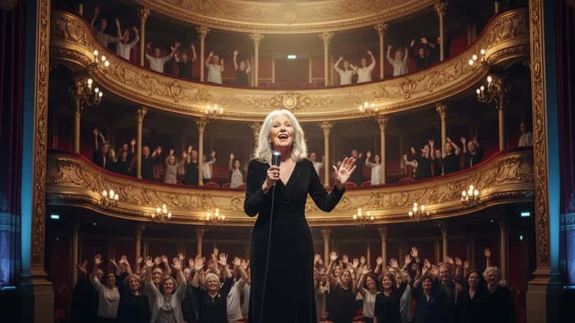 Chanteuse senior sur scène lors d'un grand concert à Paris, projecteur doré