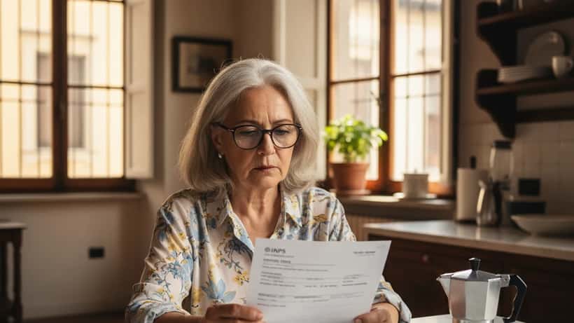 Pensionata italiana controlla il cedolino INPS aprile 2026 al tavolo di cucina a Milano