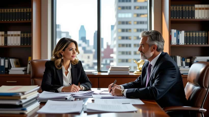 Consulta legal entre cliente hispana y abogado de lesiones personales en oficina de EE.UU.