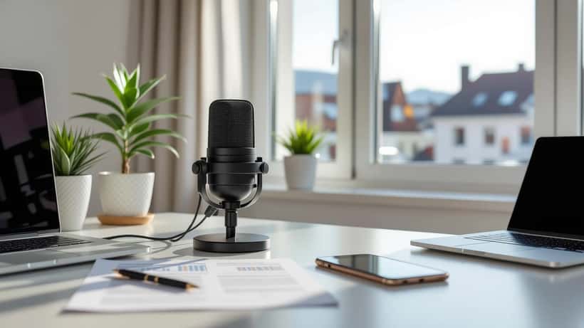 Podcast mikrofon og skattedokumenter på et moderne skrivebord i et skandinavisk hjem