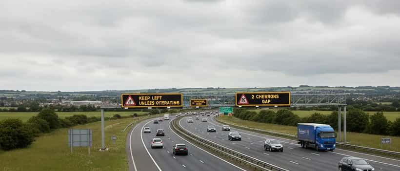 UK motorway showing cars at safe following distance with traffic safety context