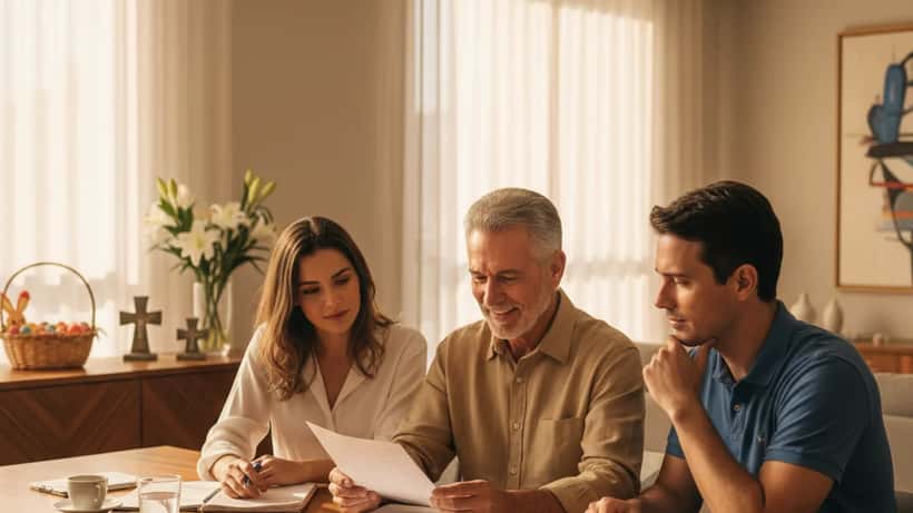Família brasileira reunida na mesa discutindo planejamento patrimonial durante Semana Santa