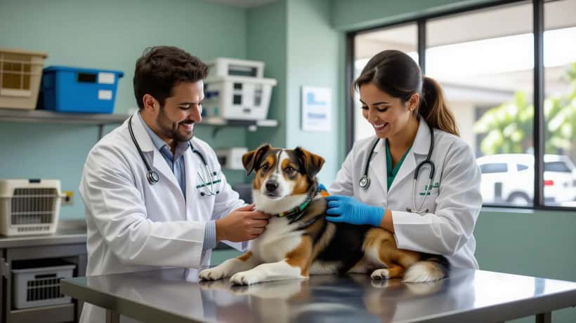 Veterinária examinando cão vira-lata em clínica de São Paulo no Dia do Vira-Lata 2026