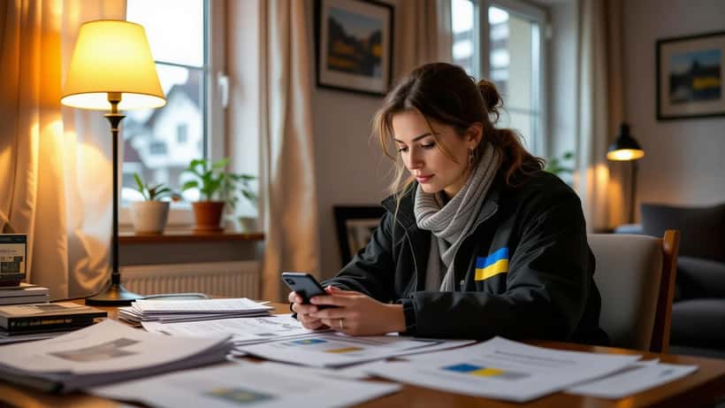 Ukrainische Frau in einer deutschen Wohnung mit rechtlichen Dokumenten und einem Smartphone ohne Verbindung nach Oleschky