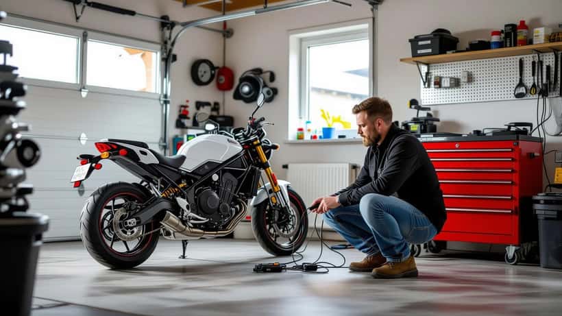 Motorradfahrer verbindet Batterieladegerät am Motorrad in der Garage beim Einwintern für die Winterpause