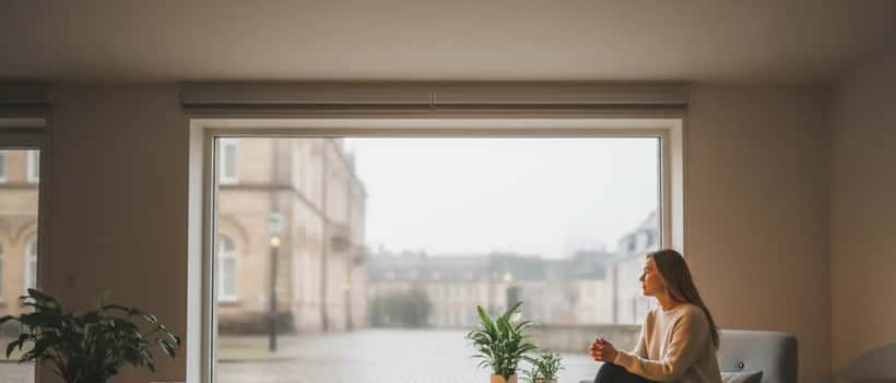 Person sitting alone by window in quiet room looking thoughtful, conveying solitude