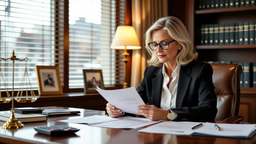 Conseillère en gestion de patrimoine étudiant des documents de succession dans un bureau de Montréal