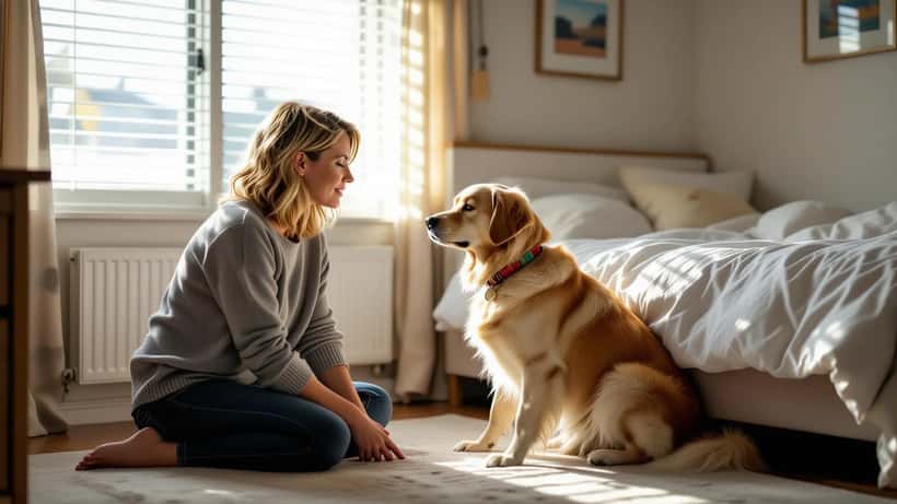 Concerned woman comforting her anxious Labrador dog sheltering under a bed in a Melbourne apartment during AFL game-day crowd noise