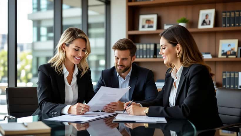 Australian family lawyer reviewing a financial agreement with a couple in a Sydney CBD office
