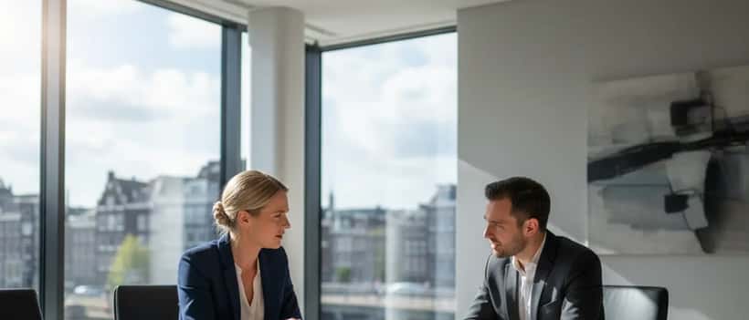 Nederlandse vrouw raadpleegt advocaat over arbeidsrecht in modern kantoor