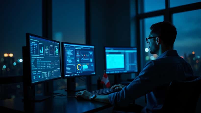 IT security professional monitoring network surveillance dashboards in a dark office