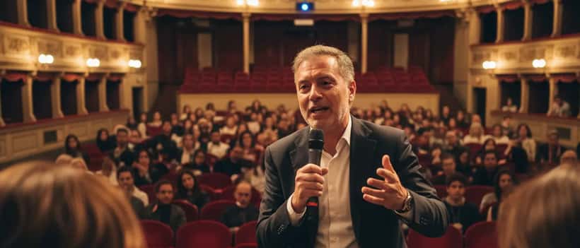 Psichiatra italiano sul palco di un teatro napoletano illuminato che parla a una sala piena