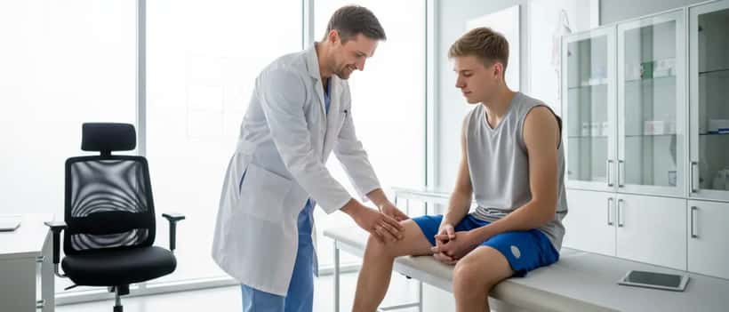 Sports medicine doctor examining NBA player's knee during 2026 MVP season