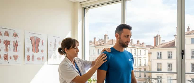 Médecin du sport examinant l'épaule d'un pratiquant d'arts martiaux mixtes dans une clinique à Lyon