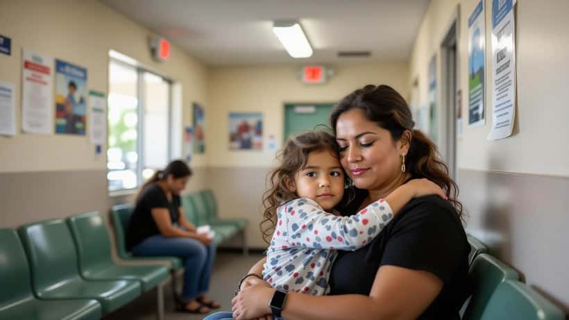 Madre con hijo en sala de espera de clínica comunitaria en Los Ángeles