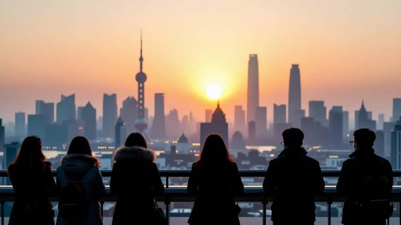 Horizonte de Beijing bajo una densa capa de smog en 2026, personas con mascarilla protectora