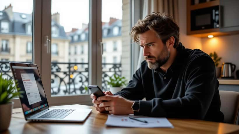 Professionnel français vérifiant un SMS bancaire suspect sur son smartphone, Paris 2026