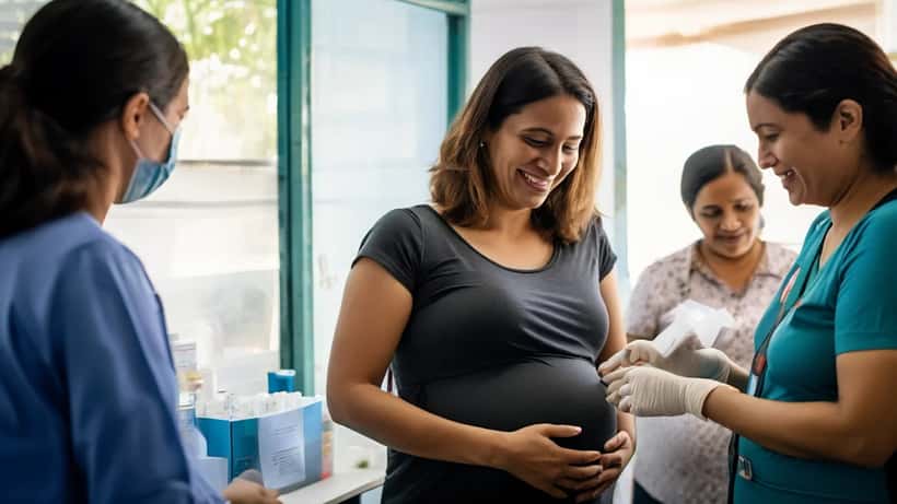 Gestante recebendo vacina RSV em clínica de vacinação no Brasil