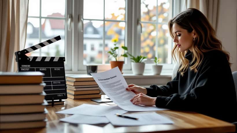 Auteure révisant un contrat d'adaptation télévisuelle avec ses livres publiés et un clap de cinéma sur son bureau