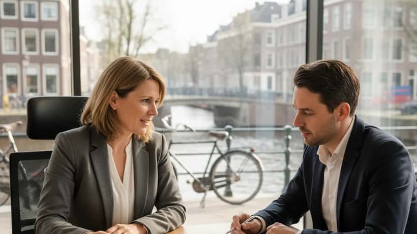 Nederlandse arbeidsrechtadvocaat in gesprek met cliënt in een Amsterdams kantoor