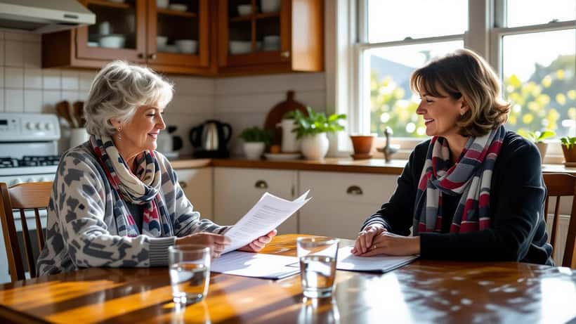 Palliative care consultation with patient reviewing voluntary assisted dying eligibility checklist in coastal NSW home