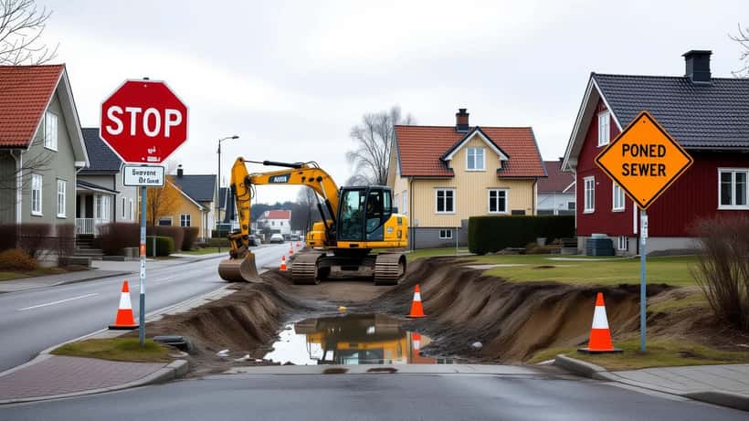 Avstängd väg med omledningsskyltar och grävmaskin vid va-arbete på en gata i Ystad