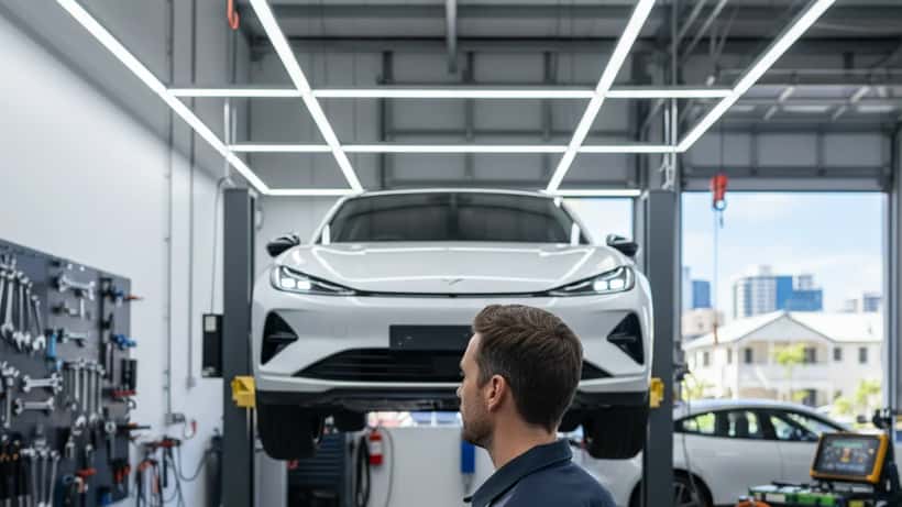 Australian mechanic inspecting a Zeekr electric vehicle in a Brisbane EV workshop