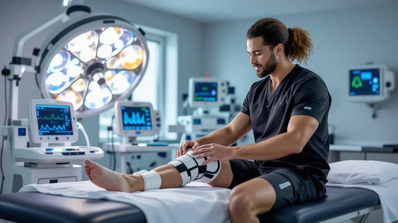 Fisioterapeuta examina a coxa de um jogador amador de futebol em clínica de medicina esportiva