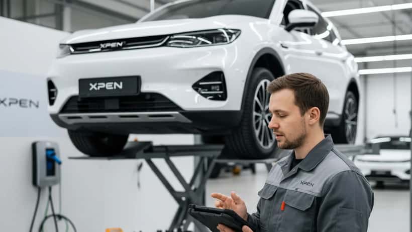 Norsk elbilmekaniker inspiserer elektrisk SUV på verksted i Oslo