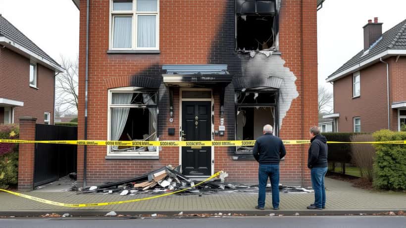Beschadigde voorgevel van een woning in Geleen na een explosie met politielint op de stoep