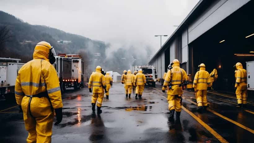 Pompiers en combinaison anti-chimique gérant une évacuation devant une usine au Tessin
