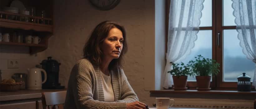 Frau schaut müde auf die Uhr bei der Zeitumstellung 2026