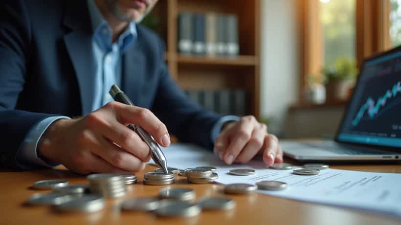 Österreichischer Anleger prüft Silbermünzen und Silberbarren auf einem Schreibtisch in einem Finanzberatungsbüro