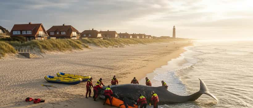 Gestrandeter Buckelwal an der Ostseeküste mit Rettern im Wasser