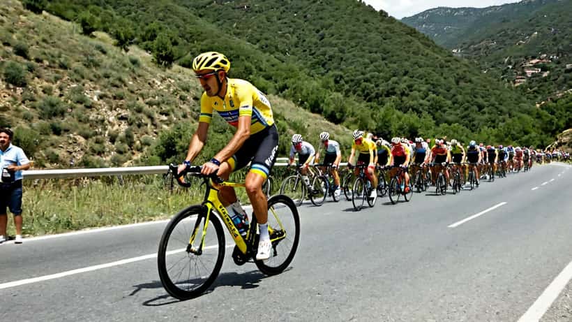 Elitecyklist i gult trøje angriber på bjergvej under professionelt etapeløb