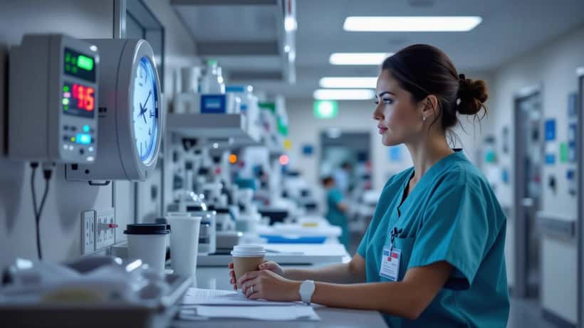 Infirmière de nuit consultant l'horloge d'un couloir d'hôpital à 3 h du matin