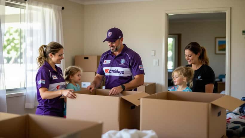 AFL volunteer in purple Fremantle jersey furnishing a Safe Haven home for domestic violence survivors in Perth