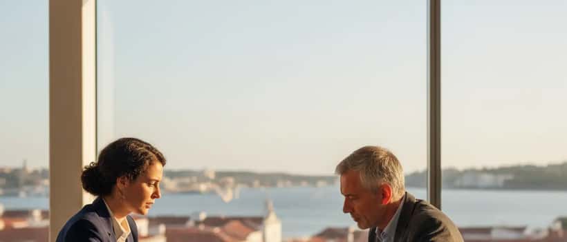 Consultor financeiro português a rever documentos de investimento com cliente em escritório moderno de Lisboa