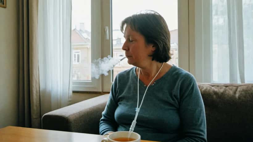 Norsk kvinne med oksygenstøtte hjemme, representerer livet med kronisk lungesykdom