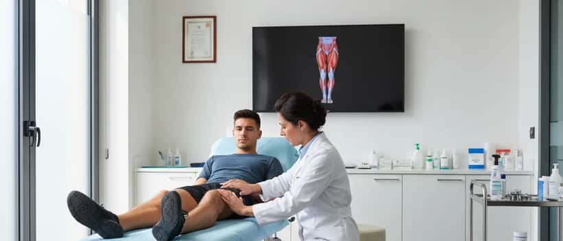 Medico sportivo italiano che esamina il muscolo adduttore di un giovane atleta in studio medico professionale