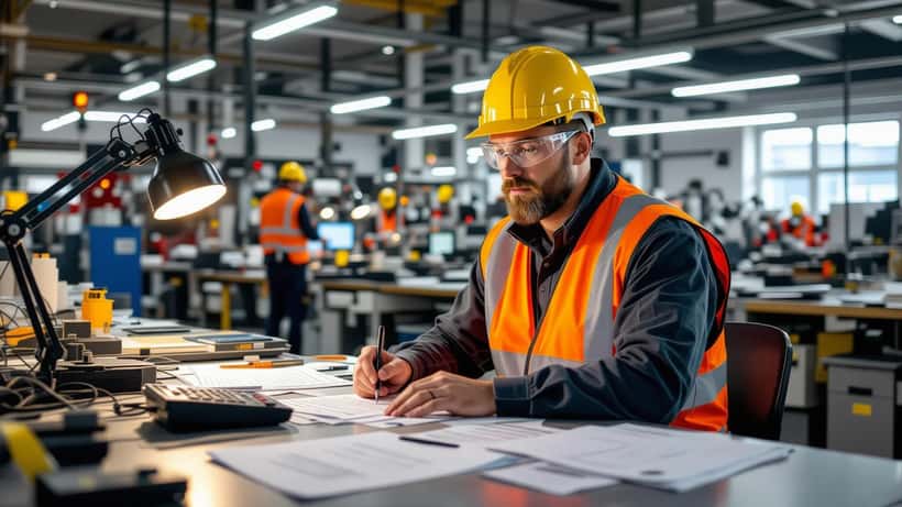 Österreichischer Fabrikarbeiter liest Kündigungsschreiben in Industriebetrieb