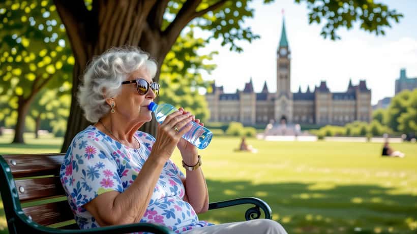 Elderly resident seeking shade at an Ottawa park during summer heat warning 2026