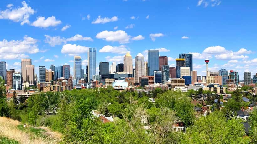 Aerial view of Calgary skyline at dusk